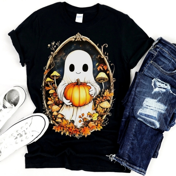 Ghost In Mushroom Field Shirt Halloween 🎃 Art Print Included🎃 Spooky Magic Tee - Picture 1 of 7